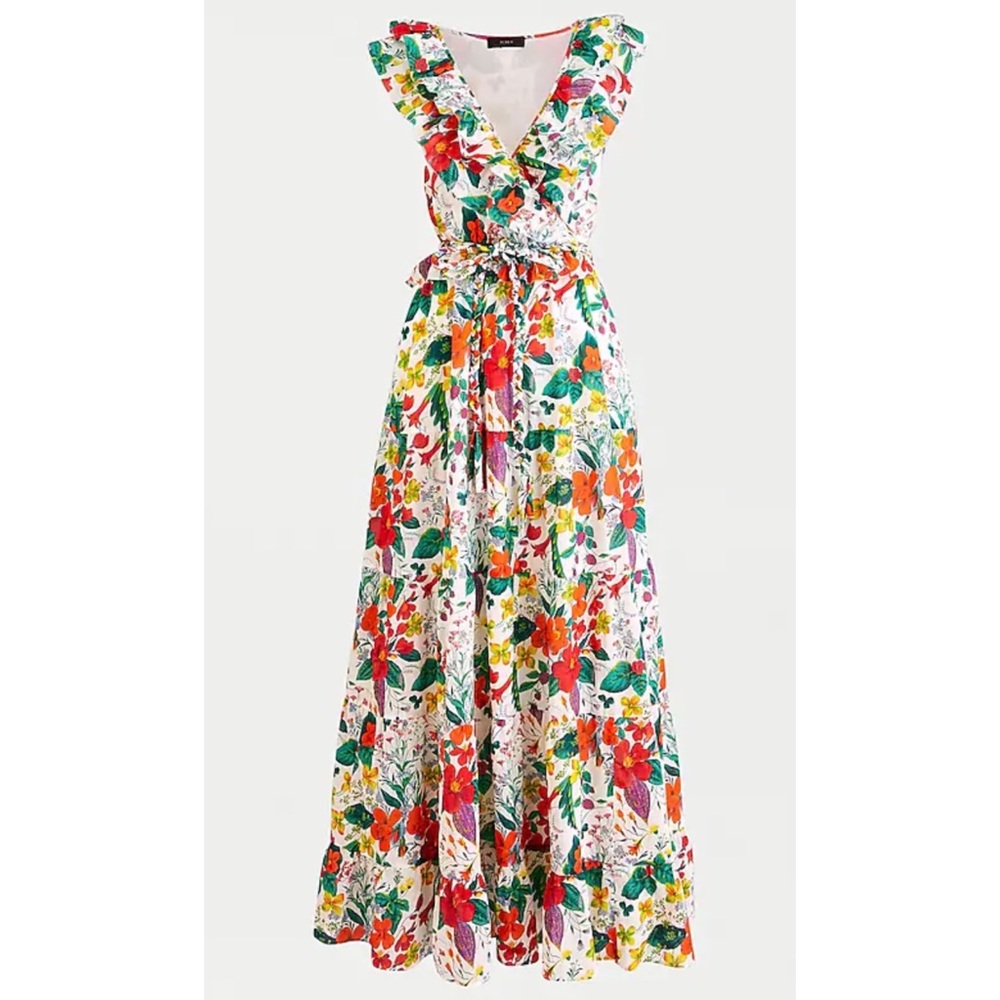 BLEMISHED JCrew Ruffle Front Ratti Island Botanical Print Maxi Dress